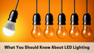 One LED light with five incandescent lights hanging with quote "what you should know about LED lighting"