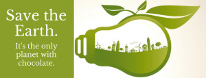 Green lightbulb with a country skyline inside. A quote "Save the Earth. It's the only planet with chocolate." Recycle green